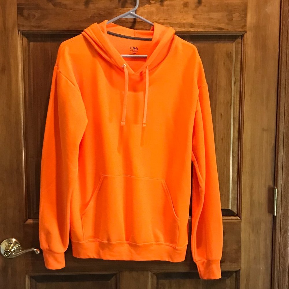 NWOT NEON ORANGE ATHLETIC WORKS FLEECE HOODIE PULLOVER, SIZE MEDIUM